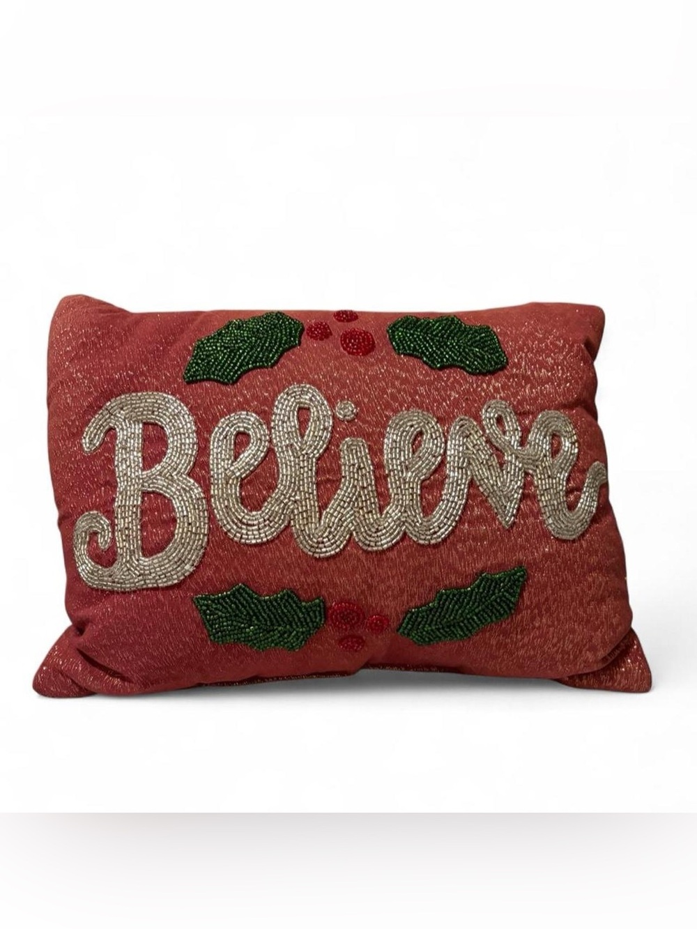 Vintage Believe Beaded Embellished Red Holiday Pillow 12x14
